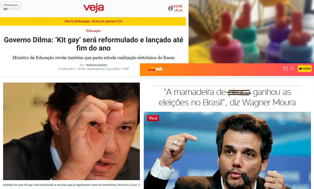 Montagem mostrando manchetes de fake news de 2018
