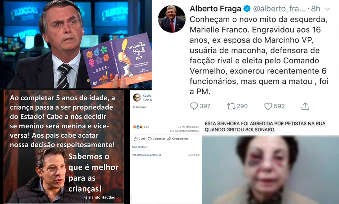 Múltiplas telas mostrando notícias contraditórias, representando o caos cognitivo