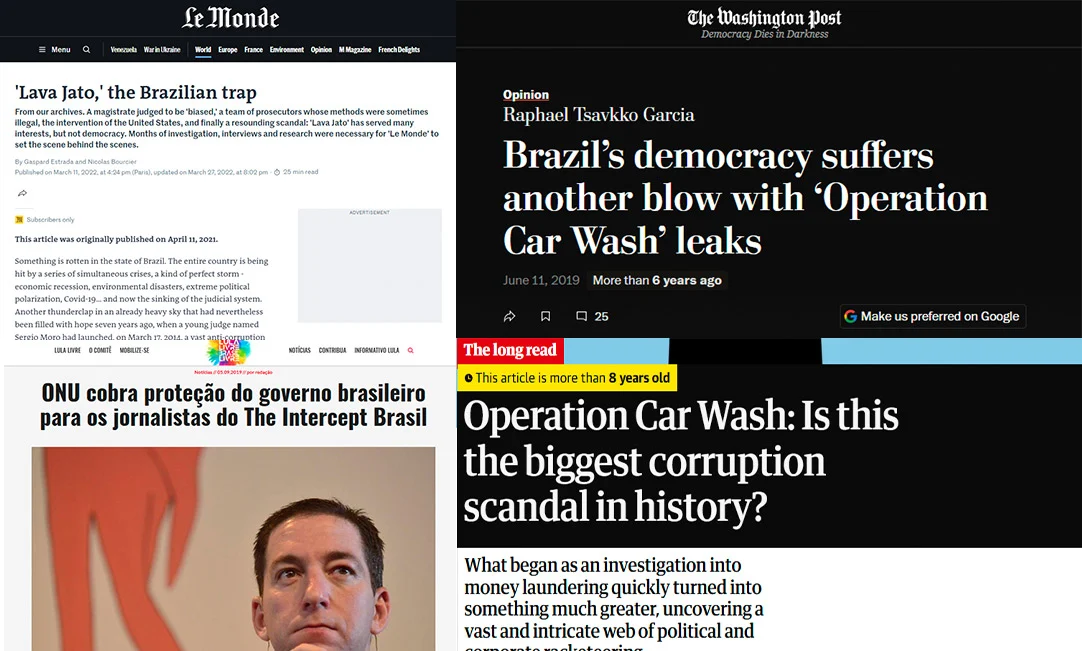 Montagem com manchetes internacionais sobre a Vaza Jato de jornais como The Guardian, Le Monde, Washington Post e Pedido de proteção da ONU ao Demori