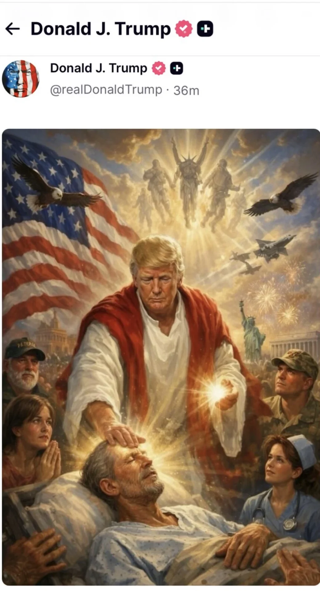 Captura de post do perfil @realDonaldTrump no X contendo ilustração digital de estilo épico que representa o presidente norte-americano com vestes messiânicas brancas e manto vermelho realizando um ato de cura sobre um homem deitado, rodeado por soldados, a bandeira americana e símbolos nacionais. O artigo utiliza esta imagem viral para analisar a autoconstrução de Trump como figura quase divina — o que o autor João Cezar de Castro Rocha descreve como um zugzwang espontâneo: ao se retratar como Cristo, Trump expõe as contradições de sua retórica religiosa-militarista