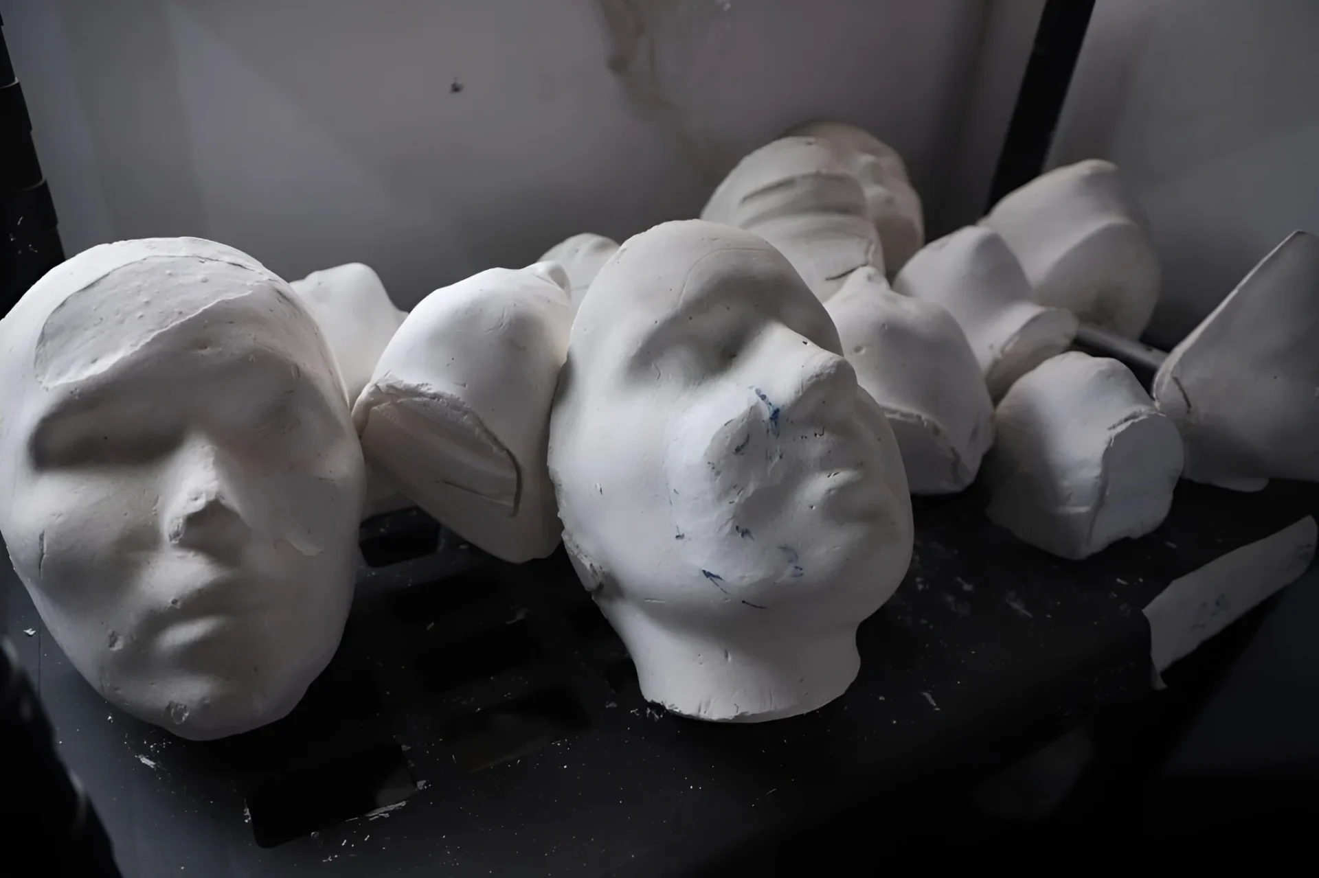 Máscaras faciais impressas em 3D aparecem alinhadas em clínica que atende crianças palestinas queimadas por ataques em Gaza.