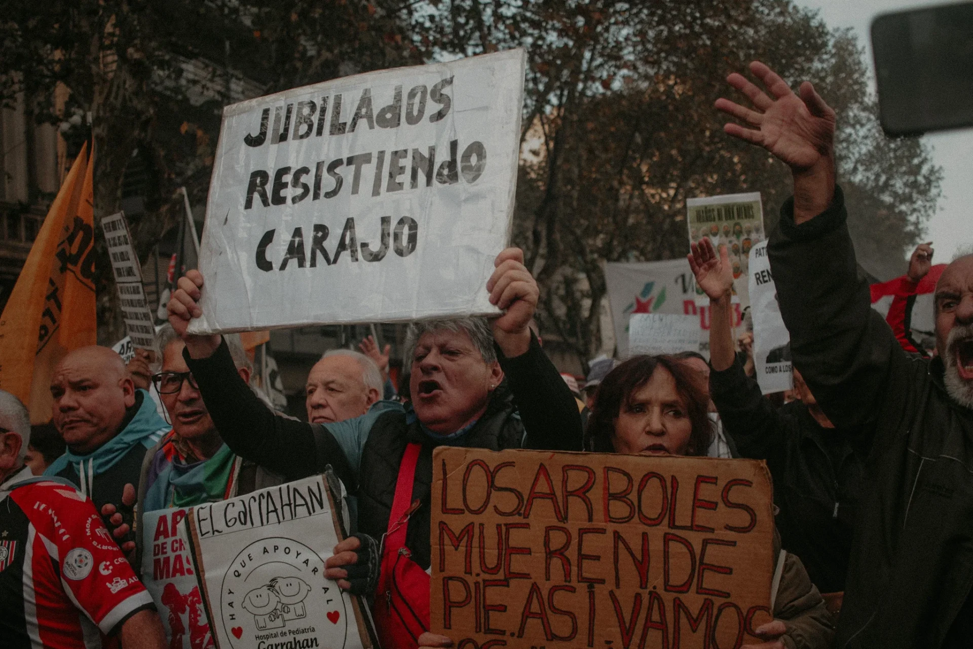 Aposentados protestam em frente ao Congresso argentino com cartazes e bandeiras, denunciando perda de renda e impactos das medidas econômicas do governo Milei.