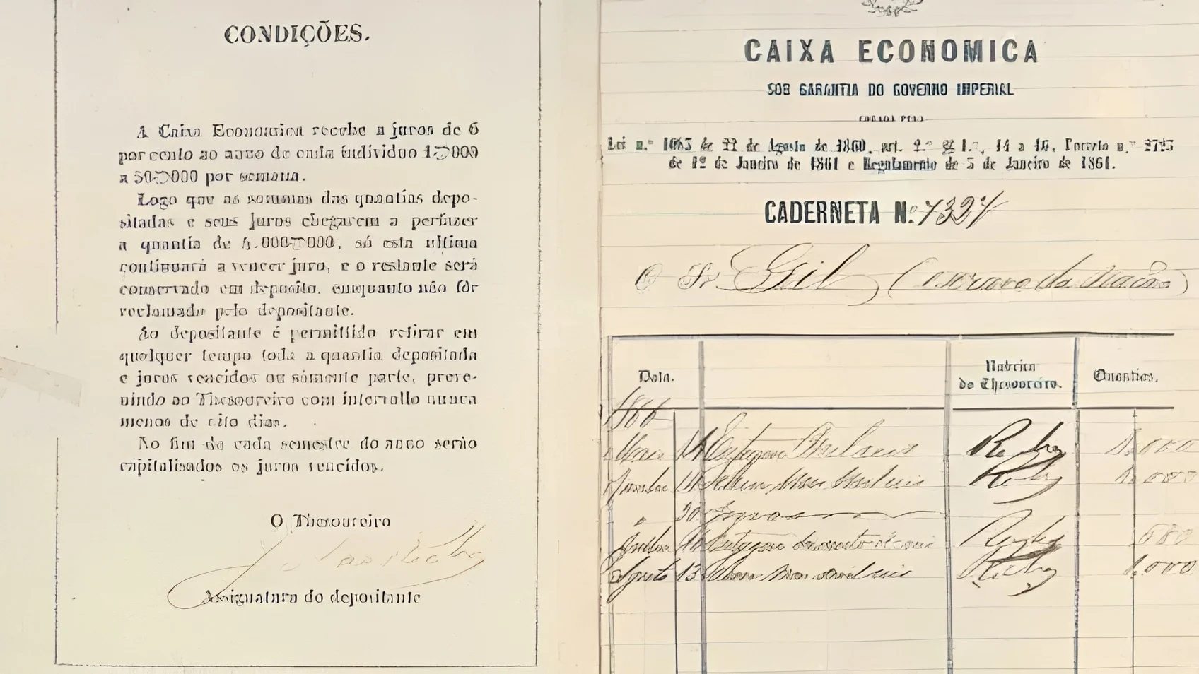 Caderneta de poupança de pessoa escravizada preservada em documentos históricos analisados em investigação sobre depósitos na Caixa Econômica