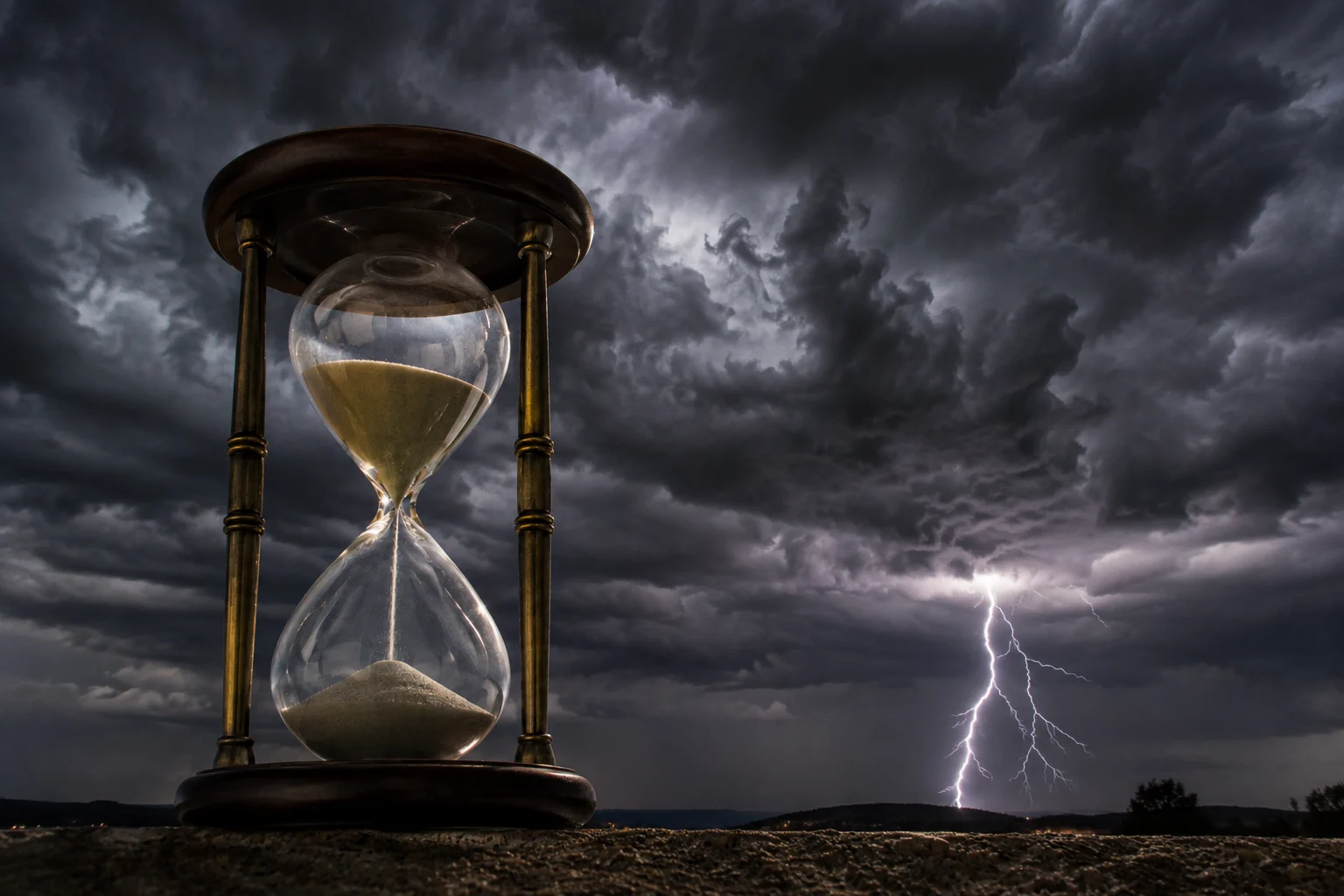 Ampulheta diante de nuvens carregadas e relâmpagos representa a aproximação de eventos climáticos extremos associados ao El Niño. Ampulheta diante de nuvens carregadas e relâmpagos representa a aproximação de eventos climáticos extremos associados ao El Niño.