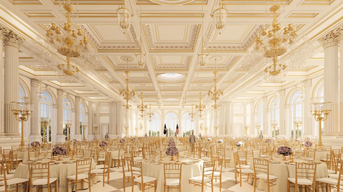 Projeção do novo salão de baile da Casa Branca, projeto defendido por Donald Trump durante seu segundo mandato. James salão de baile da casa branca foto White House