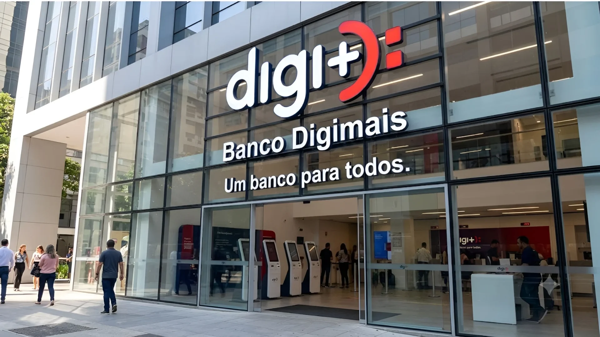 Fachada da agência do Banco Digimais com letreiro institucional e slogan 'Um banco para todos'. A imagem ilustra a estrutura física da instituição financeira controlada por Edir Macedo desde 2020, alvo de escândalo envolvendo fraude no crédito consignado de servidores públicos e uso indevido de recursos públicos.