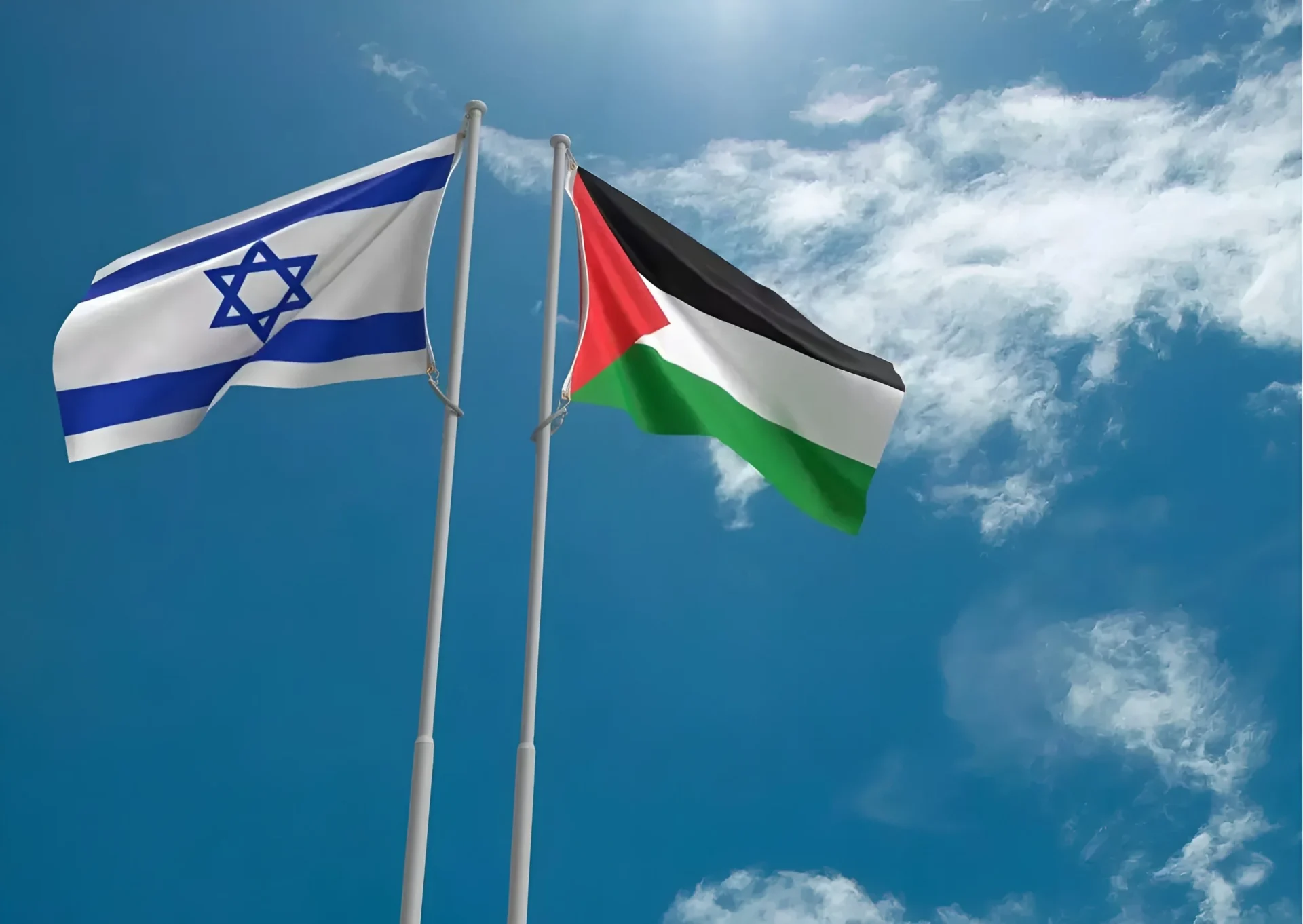 Bandeiras de Israel e da Palestina lado a lado.